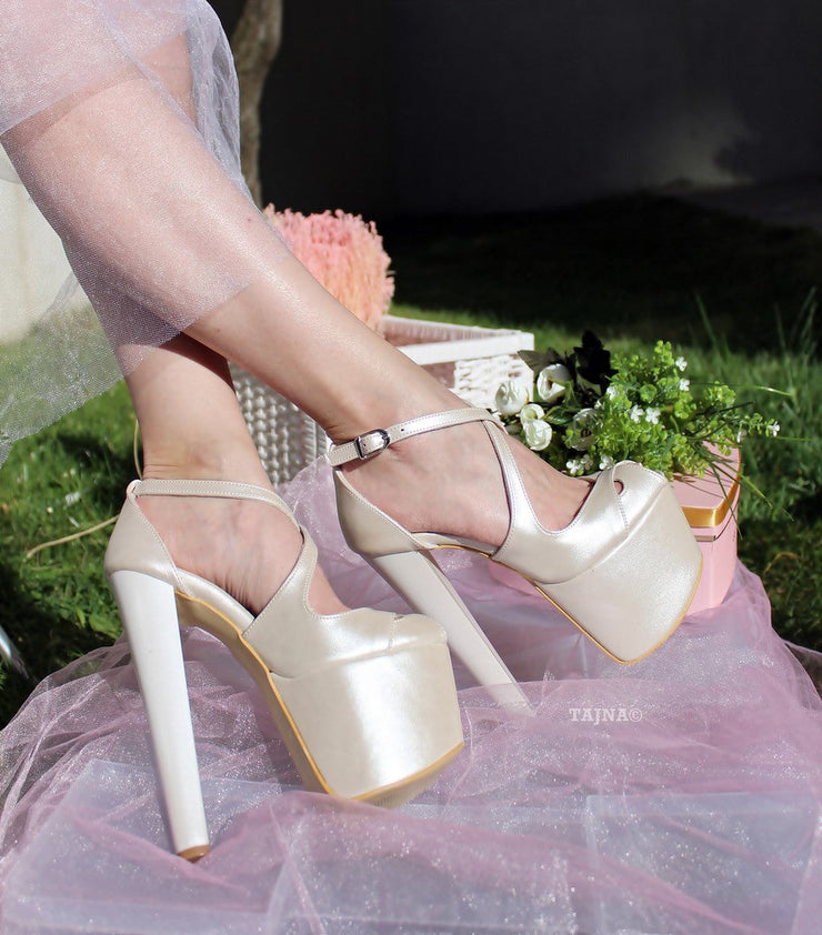 Ivory White Strap High Heel Platform Bride Shoes - Tajna Club