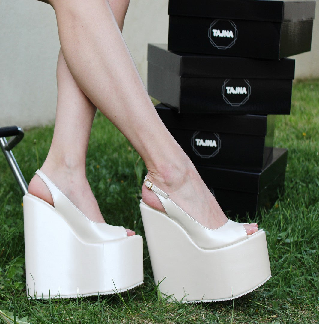 Ivory White Peep Toe High Heel Wedge Shoes | Tajna Club