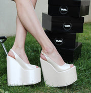 Ivory White Peep Toe High Heel Wedge Shoes - Tajna Club