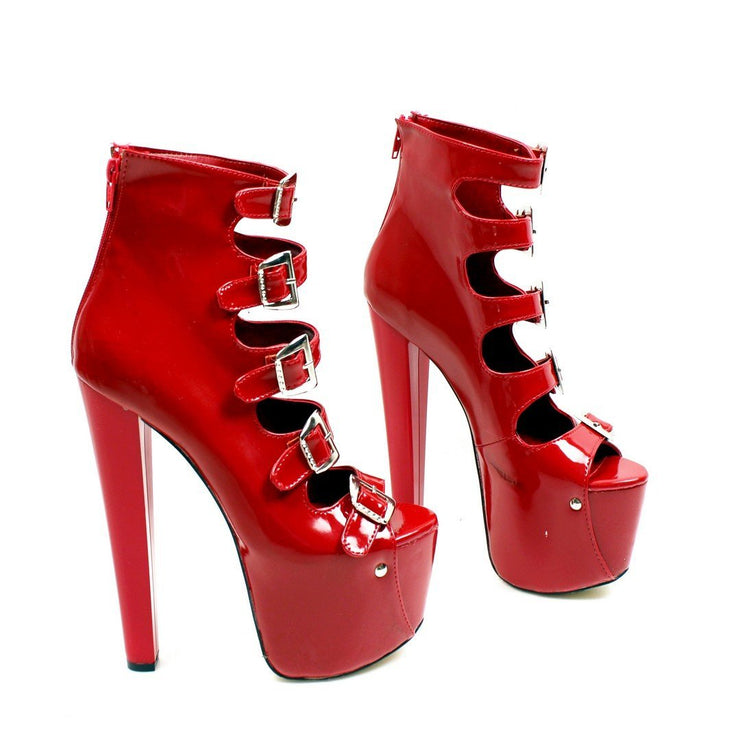 Red Patent Multi Belted Ankle High Heels - Tajna Club