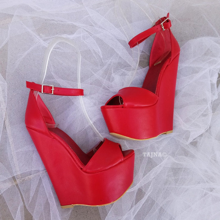 Red Ankle Strap 17 cm Heel Wedge Sandals - Tajna Club