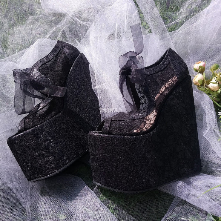 Black Lace Elegant High Heel Wedding Shoes Wedges - Tajna Club