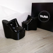 Black Patent Leather Peep Toe High Heel Wedge Mules - Tajna Club