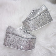 Silver Glitter Lace Up Sport Wedge Platform Shoes - Tajna Club