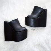 Black Faux Leather Peep Toe High Heel Wedge Mules - Tajna Club