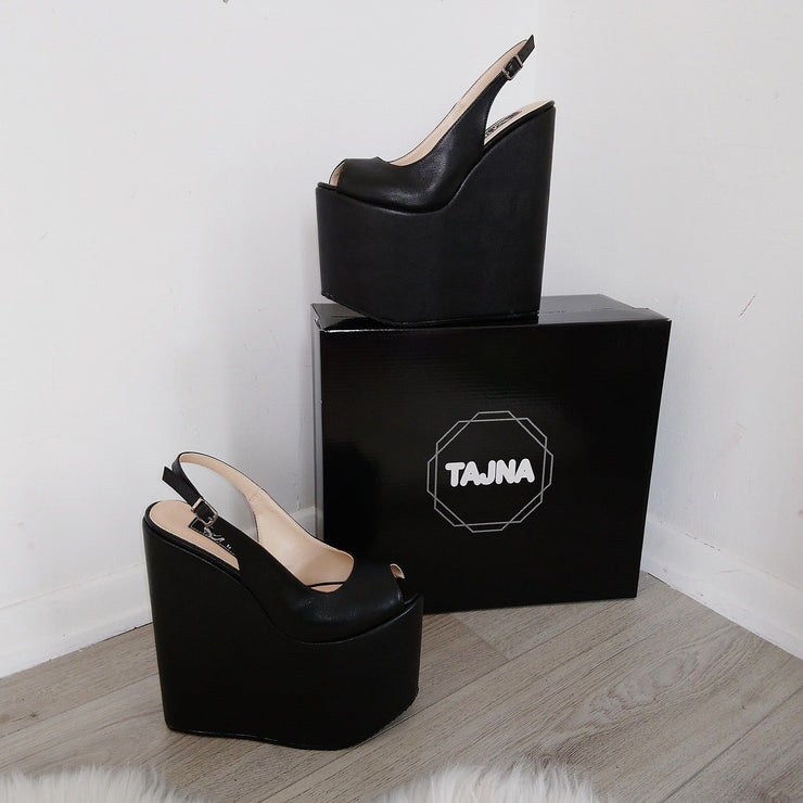 Black Platform Peep Toe High Heel Wedge Shoes - Tajna Club