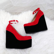 Ankle Strap Red Black Faux Suede High Heel Wedge Shoes - Tajna Club