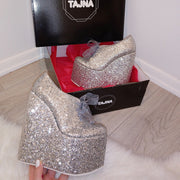 Silver Shimmer Lace up Platform Wedge Shoes - Tajna Club