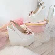 Bridal Ivory White Pink Ribbon Peep Toe Wedge Shoes - Tajna Club