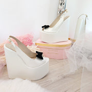 Bridal Ivory White Black Ribbon Peep Toe Wedge Shoes - Tajna Club