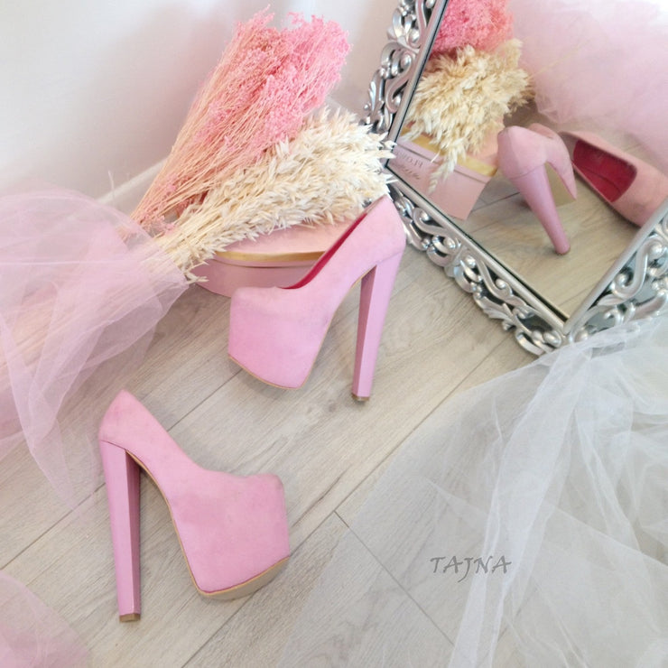 Light Pink Faux Suede 19 cm High Heel Platform Shoes - Tajna Club