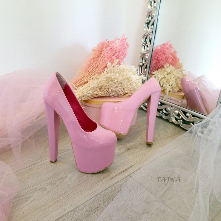 Light Pink Patent Leather 19 cm High Heel Platform Shoes - Tajna Club