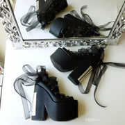 Lace Up Black Balerinas Platform Wedge Shoes - Tajna Club
