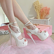 Lace White Cross Strap High Heel Platform Bride Shoes - Tajna Club
