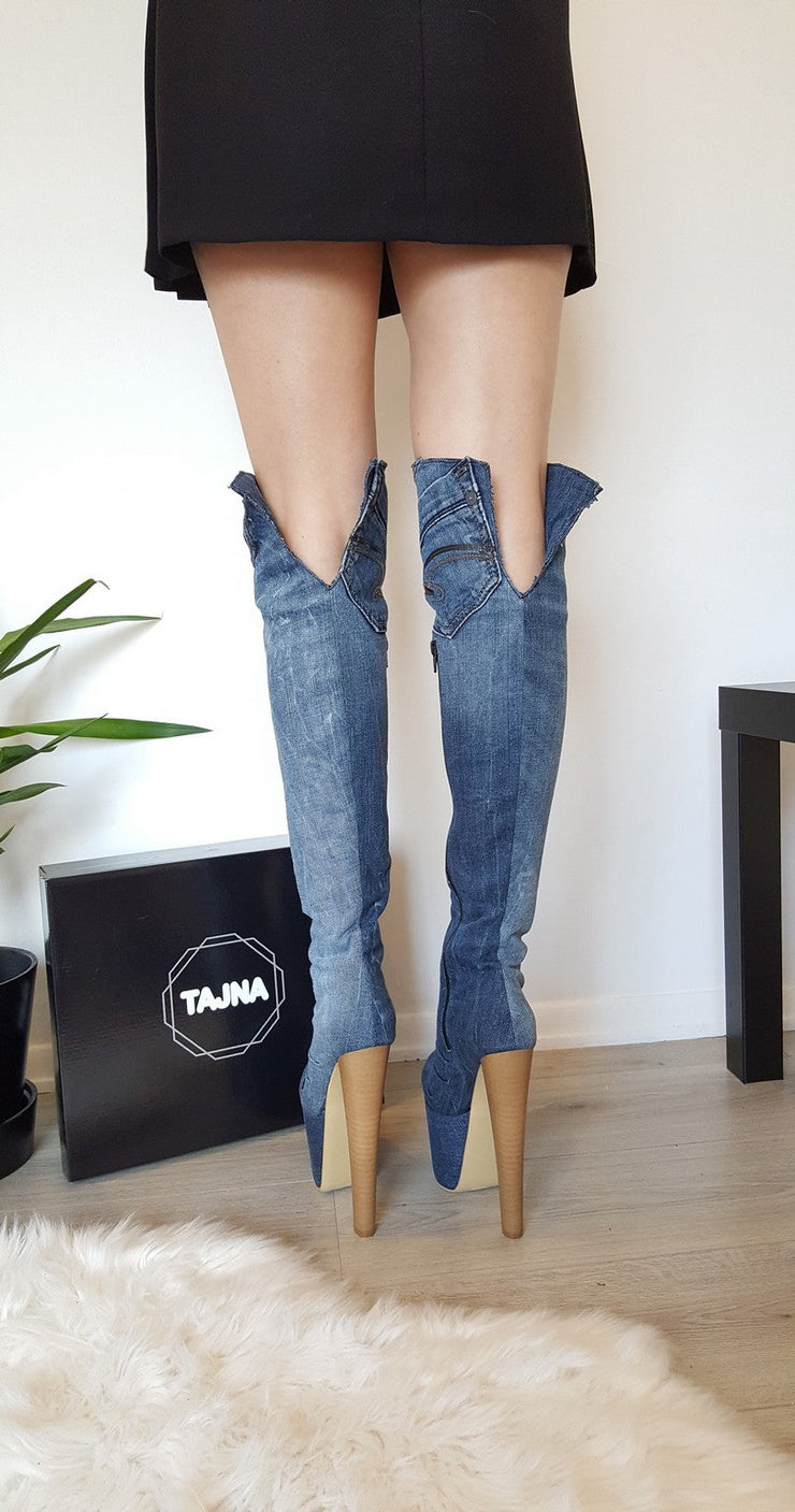 Over The Knee Jean Platform Boots - Tajna Club