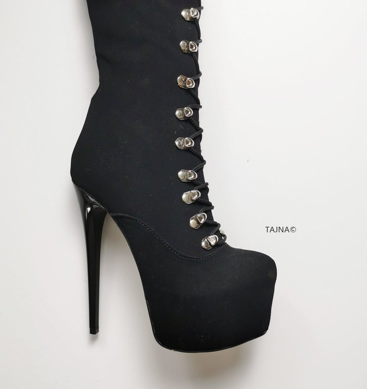 Black Suede Military Style Knee High Boots - Tajna Club