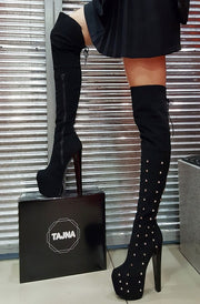 Pinned Black Suede Knee High Boots - Tajna Club