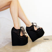 Peep Toe Black Satin Lace Wedge Platform Shoes - Tajna Club