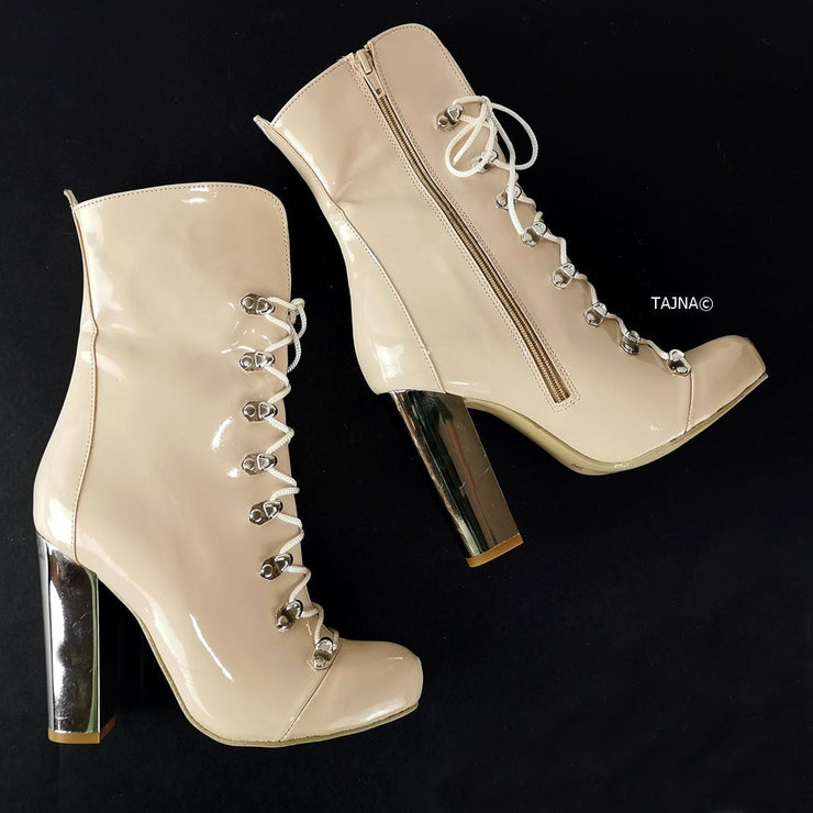 Nude Lace Up Chunky Military Style Boots - Tajna Club