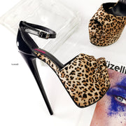 Black Gloss Leopard Detail Anke Strap Heels - Tajna Club