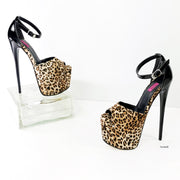 Black Gloss Leopard Detail Anke Strap Heels - Tajna Club