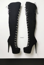 Black Suede Military Style Knee High Boots - Tajna Club