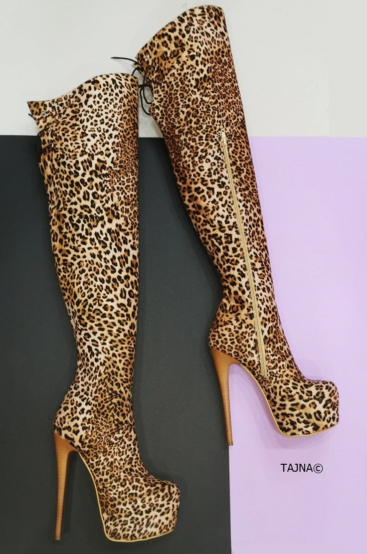 Leopard Over the Knee High Heel Boots - Tajna Club