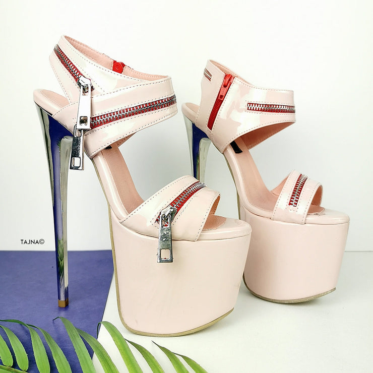 Powder Pink Patent Zipper Heel Sandals - Tajna Club