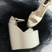 White Shiny  Strap Wedge Bridal Shoes - Tajna Club
