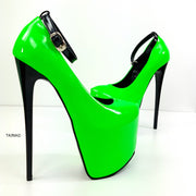 Neon Green Black Gloss Ankle Strap Heels