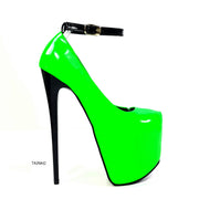 Neon Green Black Gloss Ankle Strap Heels