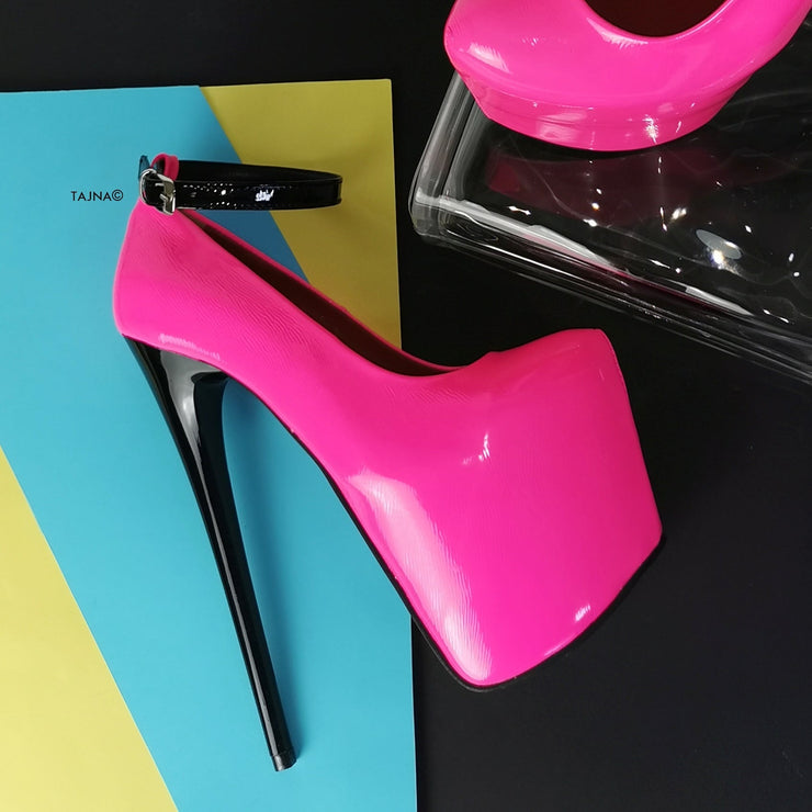 Neon Pink Ankle Strap High Heels - Tajna Club