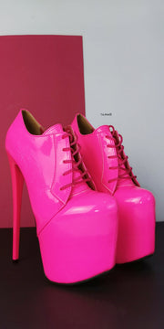 Neon Pink Lac Oxford Ankle High Heels - Tajna Club