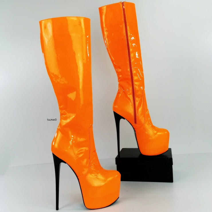 Orange Neon Gloss Mid Calf High Heel Boots | Tajna Club