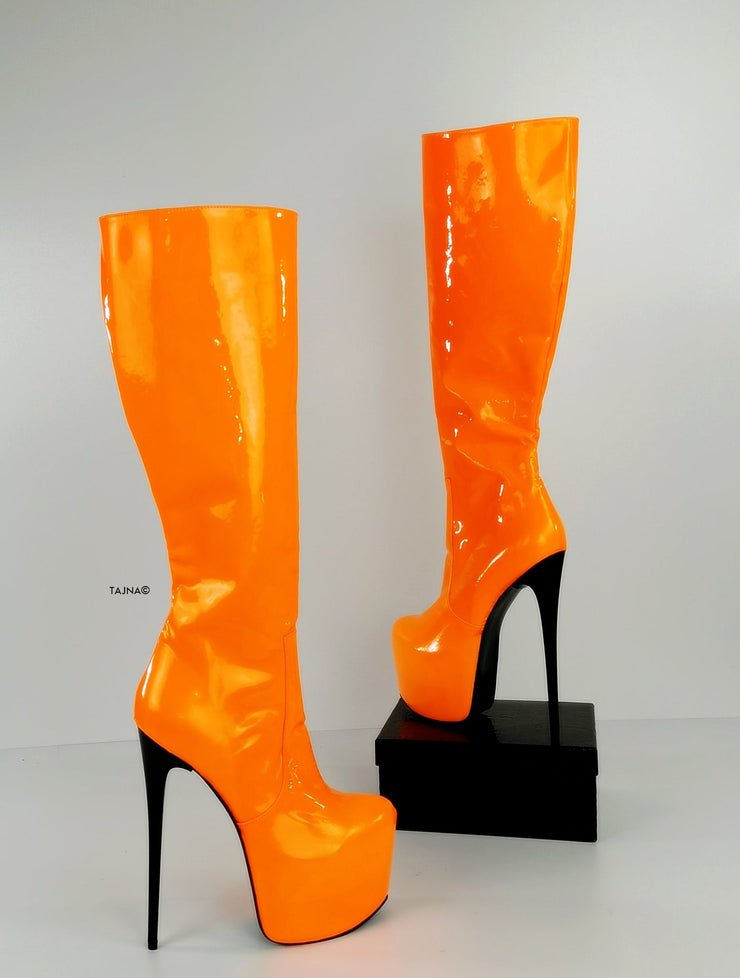Orange Neon Gloss Mid Calf High Heel Boots | Tajna Club