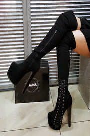 Black Suede Knee High Platform Boots - Tajna Club