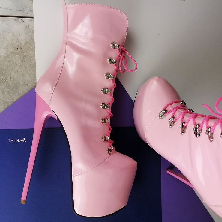 Pink Gloss Lace Up Heel Military Booties - Tajna Club