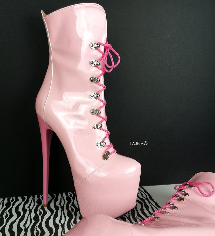 Pink Gloss Lace Up Heel Military Booties - Tajna Club