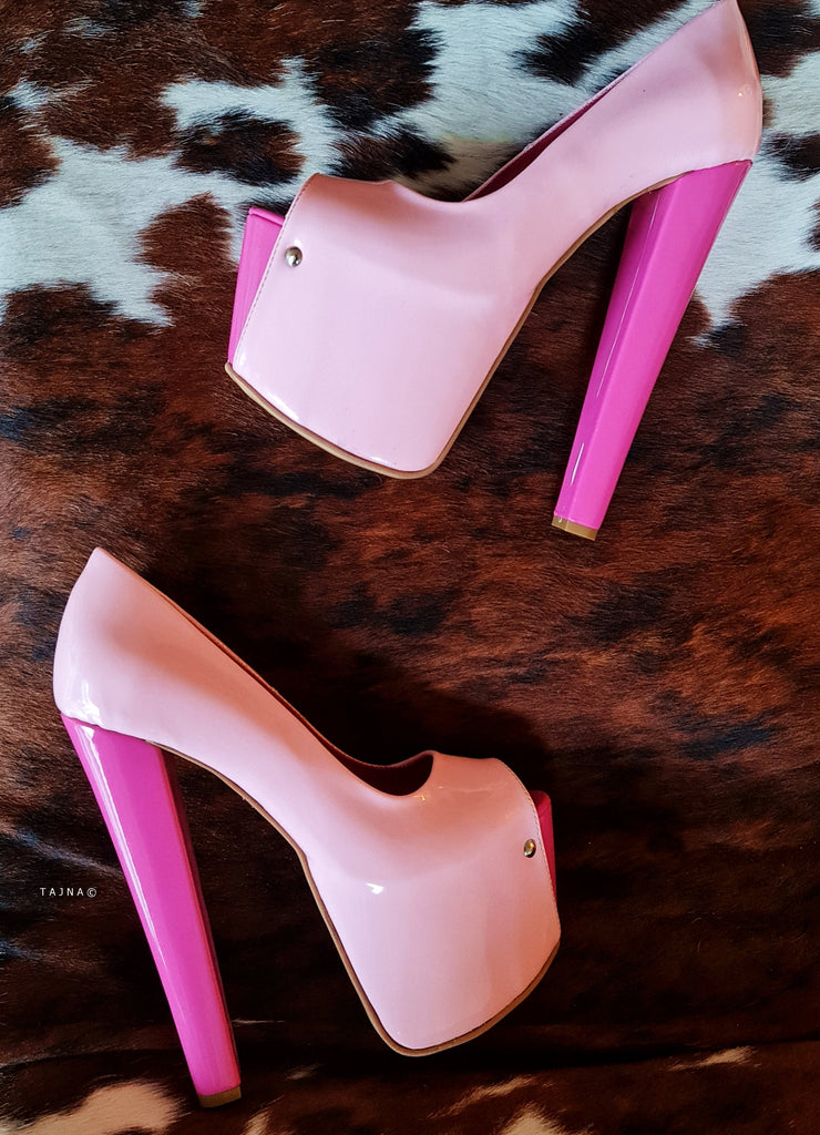Pink Colour Block Open Toe Chunky High Heels