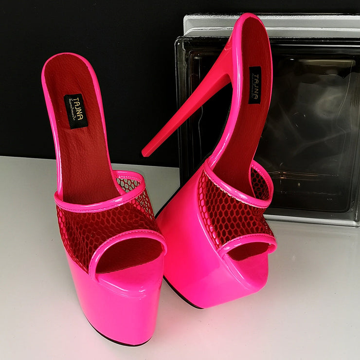 Neon Pink Fishnet High Heel Mules | Tajna Club