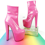 Lovely Pink Patent Chunky Heel Boots - Tajna Club