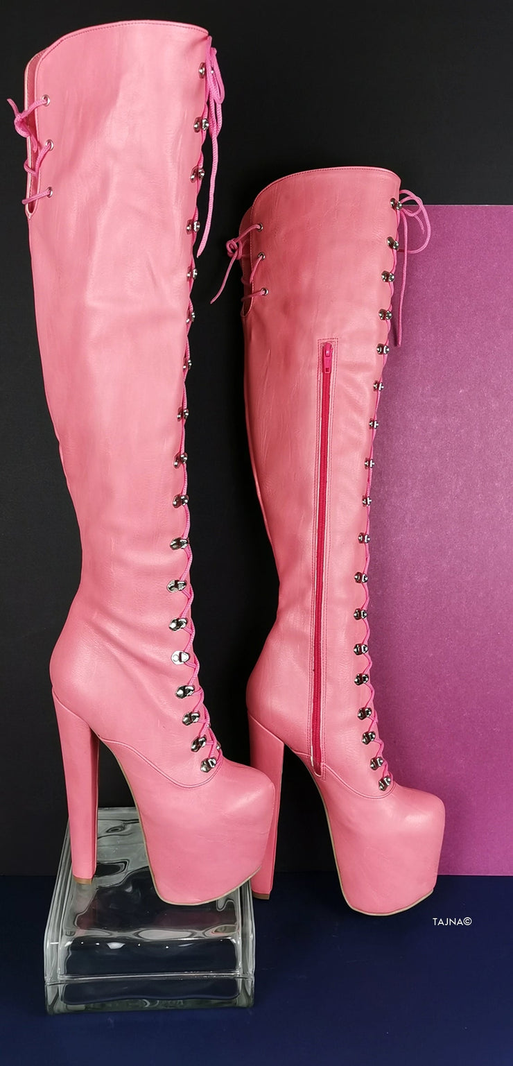 Pink Strech Over Knee Military High Heel Boots | Tajna Club
