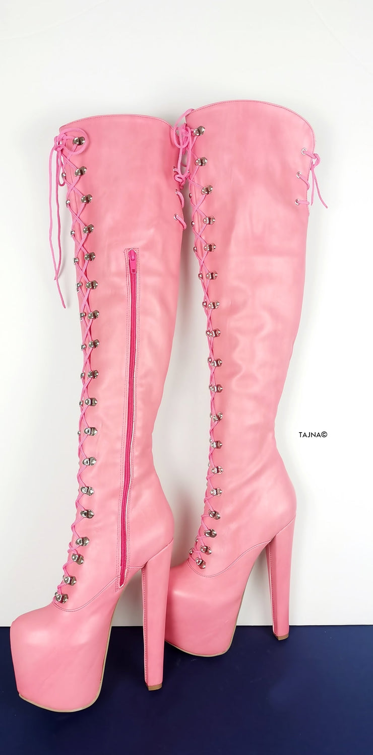 Pink Strech Over Knee Military High Heel Boots - Tajna Club