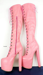 Pink Strech Over Knee Military High Heel Boots - Tajna Club