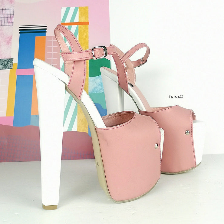 Pink White Chunky Heel Platform Sandals - Tajna Club