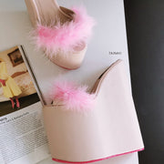 Pink Furry High Heel Wedge Mules - Tajna Club