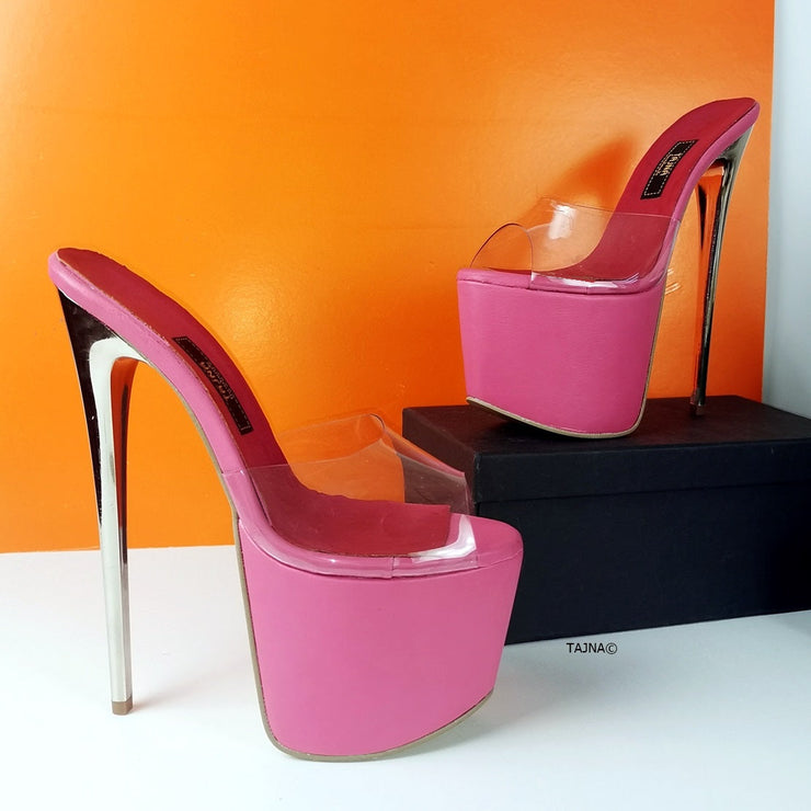 Pink Transparent Metallic Heel Mules | Tajna Club