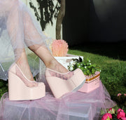 Lace Pink Powder High Heel Wedge Shoes - Tajna Club