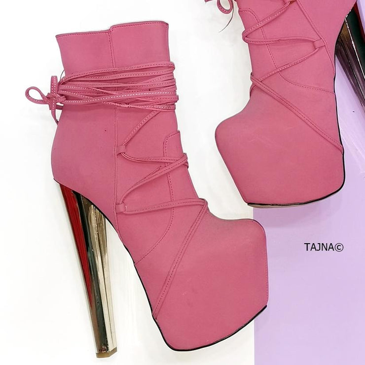 Long Laced Pink High Heel Booties - Tajna Club