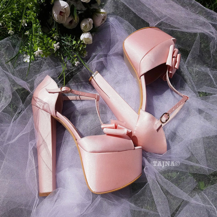 Satin Pink Chunky Heel Platform Wedding Shoes with Ribbon - Tajna Club